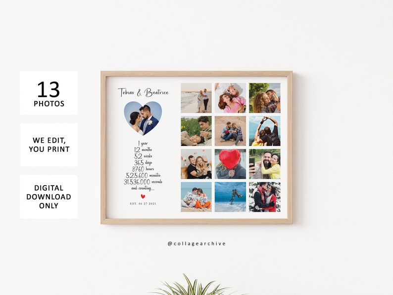 May include: A collage of 13 photos of a couple, with a heart-shaped frame around their wedding photo. The collage includes text that says "Tobias & Beatrice" and "EST. 06.27.2021". The text also includes a countdown of their time together: "1 year, 12 months, 52 weeks, 365 days, 8760 hours, 525,600 minutes, 31,536,000 seconds and counting..."