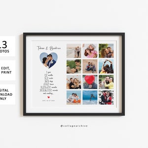 May include: A digital collage of 13 photos of a couple, arranged in a grid with a heart shape in the center. The text "Tobias & Beatrice" is at the top of the collage, and the text "1 year, 12 months, 52 weeks, 365 days, 8760 hours, 525,600 minutes, 31,536,000 seconds and counting... EST. 04.27.2021" is below the heart. The text "@collagearchive" is at the bottom of the collage.