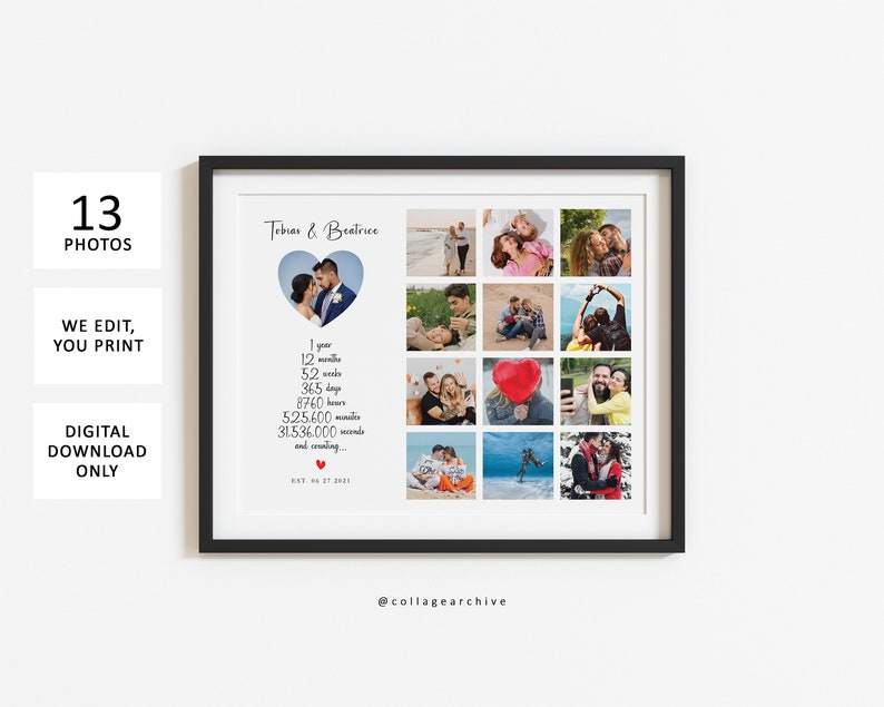 May include: A digital collage of 13 photos of a couple, arranged in a grid with a heart shape in the center. The text "Tobias & Beatrice" is at the top of the collage, and the text "1 year, 12 months, 52 weeks, 365 days, 8760 hours, 525,600 minutes, 31,536,000 seconds and counting... EST. 04.27.2021" is below the heart. The text "@collagearchive" is at the bottom of the collage.