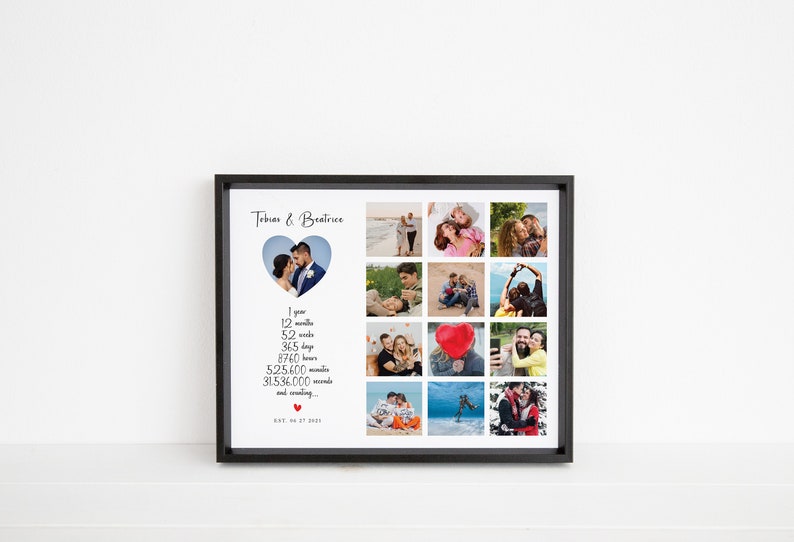 May include: A framed collage of photos celebrating a couple's first year of marriage. The collage features 12 photos of the couple in various settings, including their wedding day. The collage is framed in black and has a white background. The text "Tobias & Beatrice" is at the top of the collage, and the text "Est. 06.07.2021" is at the bottom. The collage also includes a list of the number of months, weeks, days, hours, minutes, and seconds in a year.