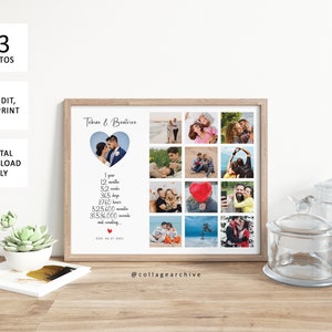 May include: A collage of 13 photos in a white frame with a wooden border. The collage is a wedding anniversary gift for Tobias and Beatrice. The text in the collage reads "1 year, 12 months, 52 weeks, 365 days, 8760 hours, 525,600 minutes, 31,536,000 seconds and counting... EST 06.07.2021". The collage is on a wooden table with a small succulent plant in a white pot.