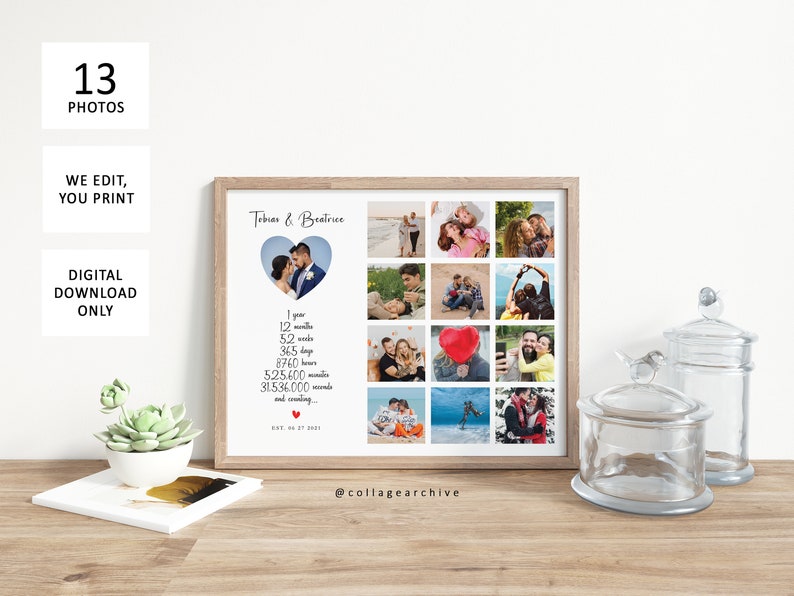 May include: A collage of 13 photos in a white frame with a wooden border. The collage is a wedding anniversary gift for Tobias and Beatrice. The text in the collage reads "1 year, 12 months, 52 weeks, 365 days, 8760 hours, 525,600 minutes, 31,536,000 seconds and counting... EST 06.07.2021". The collage is on a wooden table with a small succulent plant in a white pot.