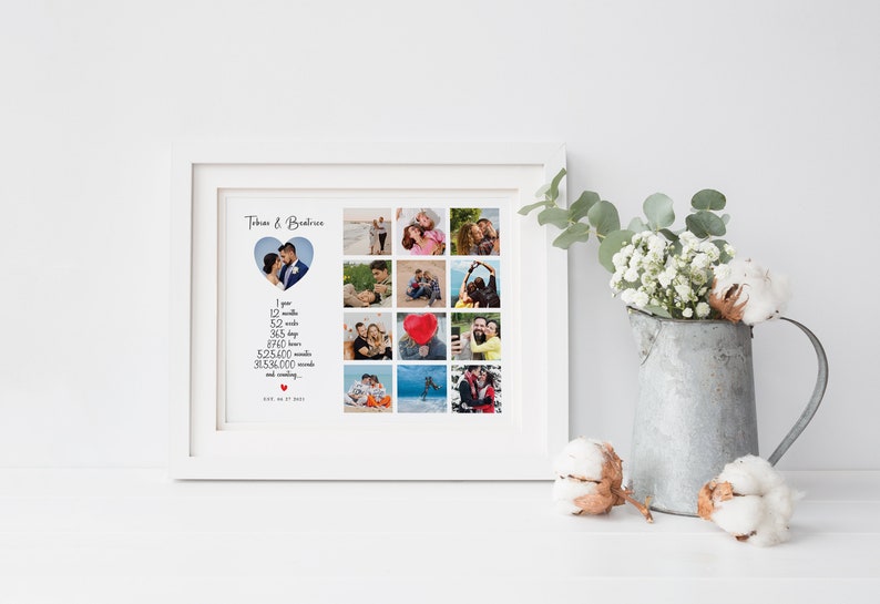 May include: A white framed photo collage with 16 photos of a couple. The photos are arranged in a grid pattern. The text "Tobias & Beatrice" is at the top of the collage. The text "1 year, 12 months, 52 weeks, 365 days, 8760 hours, 525,600 minutes, 31,536,000 seconds and counting... Love us at 27.07.2022" is in the center of the collage.
