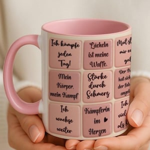 Tasse für Chemotherapie & Krebserkrankte – Mut und Stärke – Rosa Kachel-Tasse mit 21 Sprüchen rundum Geschenk für Krebspatientin