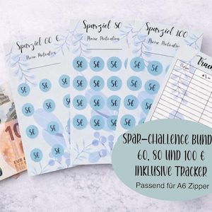 Könnte beinhalten: Ein Bündel Spar-Challenge-Blätter mit floralen Akzenten und dem Text "Sparziel" und "Tracker". Die Blätter haben Felder zum Sparen in 5€-Schritten. Euro-Banknoten sind im Bild zu sehen.