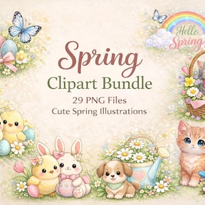 Könnte beinhalten: Aquarell-Clipart-Bundle mit Frühlingsillustrationen. Das Bild zeigt niedliche Tiere, Schmetterlinge, Blumen, Ostereier und einen Regenbogen. Der Text lautet "Spring Clipart Bundle" und "Cute Spring Illustrations".