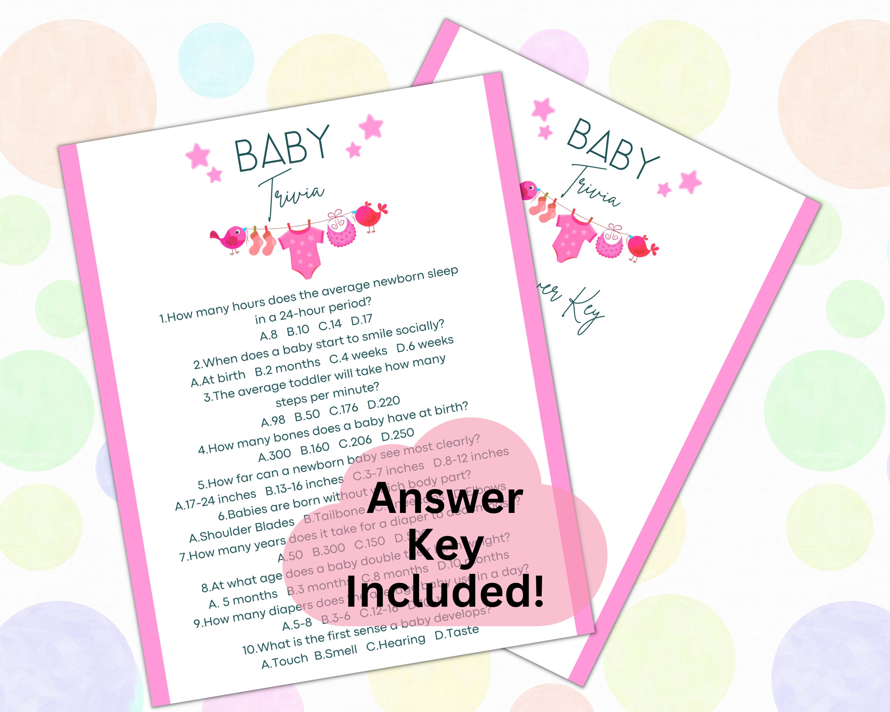 Girl Baby Shower Printable Baby Trivia & Answer Key, Pink Baby Shower