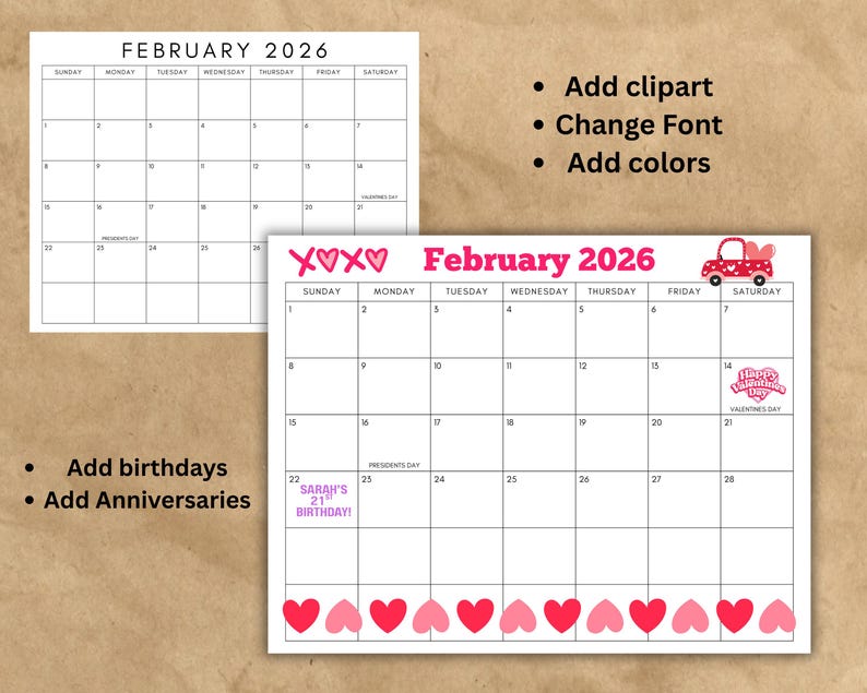 May include: Two calendars for February 2026 are shown. One is a simple black and white design. The other is a Valentine's Day themed calendar with pink hearts, a red car, and the text "Happy Valentine's Day".
