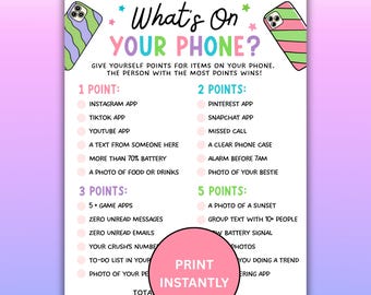 What's On Your Phone Party Game Instant Download, Printable Birthday Game For Her, Teen Tween Icebreaker, Sweet 16