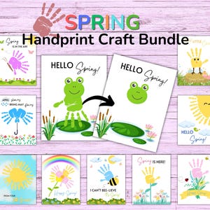 May include: A set of ten printable spring-themed handprint craft cards. The cards feature various spring designs, including a frog, a sun, a flower, a bee, and an umbrella. The cards are perfect for kids to create their own spring crafts.