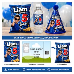 May include: A digital party supply template set featuring a blue theme with a photo of a boy wearing sunglasses, the text Liam is turning 5 birthday boy, and star graphics. Includes a chip bag, water bottle label, and party hat design.