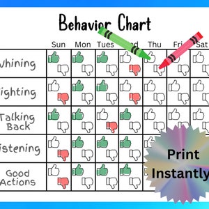 Printable Behavior Chart for Kids, School Behavior Chart, Home Behavior Chart, Weekly & Weekdays, Printable PDF Behavior Management