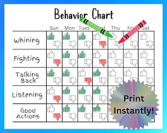 Printable Behavior Chart for Kids, School Behavior Chart, Home Behavior Chart, Weekly & Weekdays, Printable PDF Behavior Management