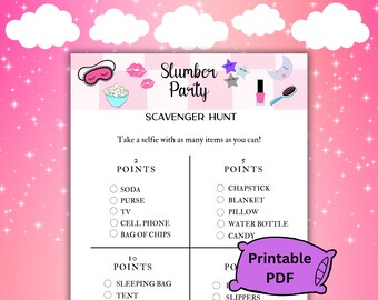 Printable Slumber Party Sleepover Scavenger Hunt for Girls Teens Tweens, Sleep Over Activities, Slumber Party Activities, Overnight Games
