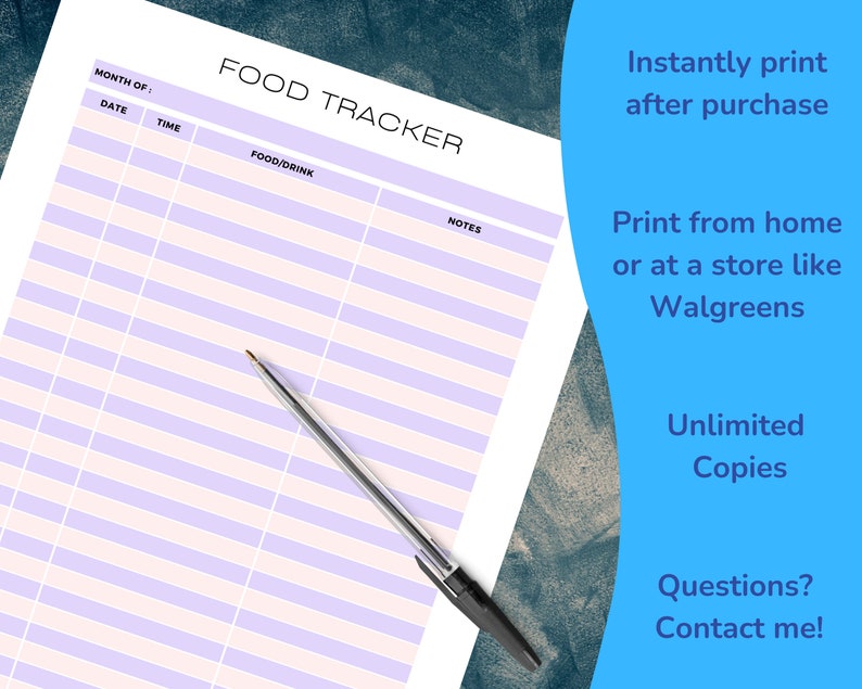 Printable Food and Diet Tracker Organizer, Food and Drink Diary, Food