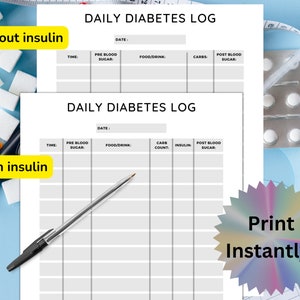 Pianificatore giornaliero di monitoraggio del registro del diabete per glicemia, monitoraggio dei carboidrati, diabete di tipo 1, diabete di tipo 2, organizzatore del diabete, PDF stampabile