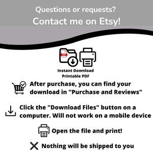 Peut inclure: Graphique blanc avec texte : "Questions ou demandes ? Contactez-moi sur Etsy !" et instructions pour t&eacute;l&eacute;charger un PDF imprimable. Comprend des ic&ocirc;nes de t&eacute;l&eacute;chargement, d'imprimante et de panier. Le texte indique que rien ne sera exp&eacute;di&eacute;.