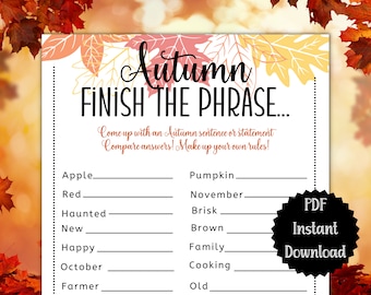 Finish the Phrase Game, Fall games, Autumn Party Games, Trivia, Family Reunion Games, Printable or Virtual Games, Instant Download, PDF game