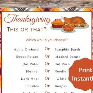 Thanksgiving Dinner Party This or That Game for Kids & Adults, Would You Rather, Thanksgiving Activity for Guests Family and Friends, PDF