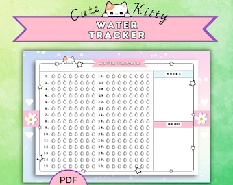 Kawaii Kitty Wasser Tracker, druckbare niedliche Trink Tracker für Kinder und Erwachsene, Wellness Planer PDF, digitaler Download, Wasseraufnahme Blatt