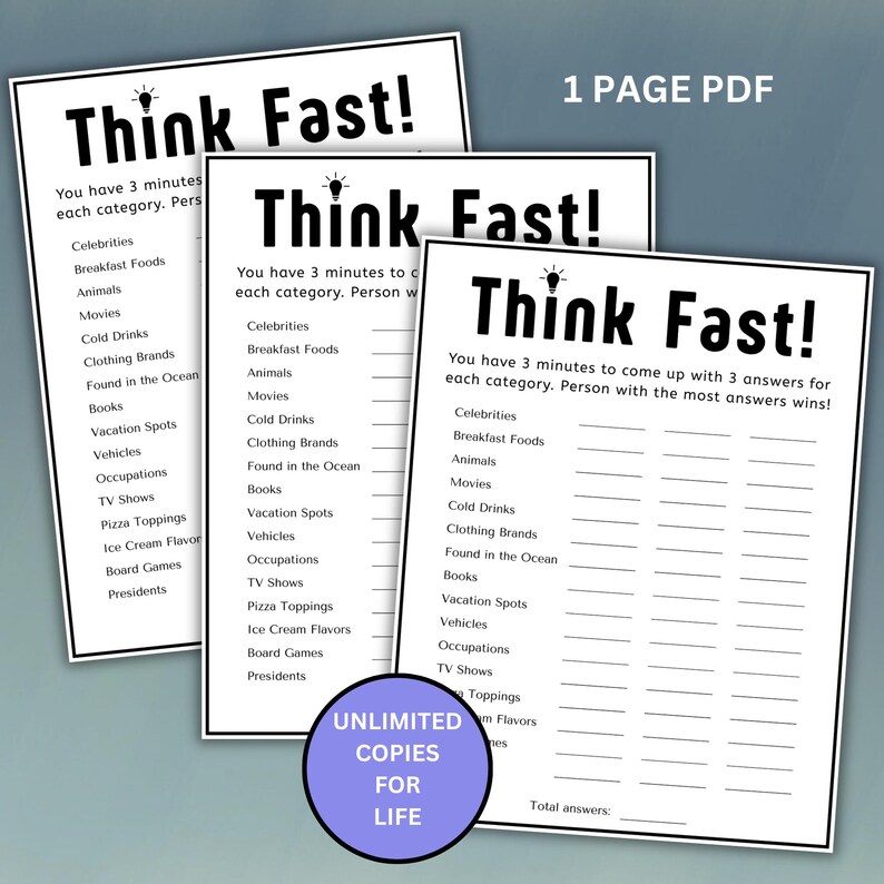 Think Fast Party Game Instant Download, Printable Game Night Activity ...
