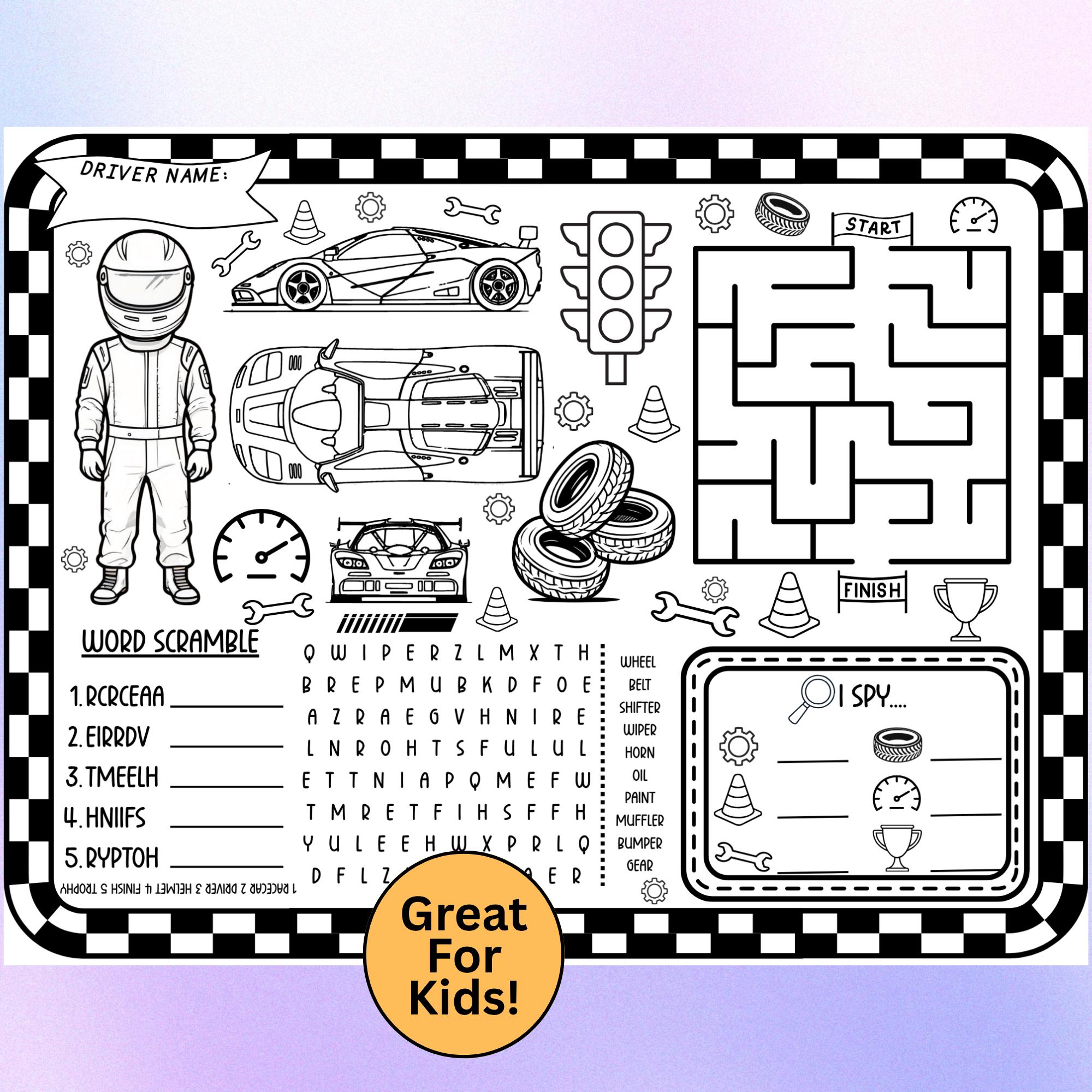 Family Worksheet Racing Race Car Coloring & Activity Page for Boys, Printable Birthday Activity ...
