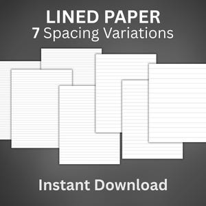Papel rayado imprimible, descarga instantánea, 7 variaciones de espaciado, papel de cuaderno, papel escolar, notas,
