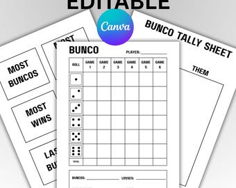 Editable Bunco Game Template, Simple Plain White Minimalist Bunco, Tally Sheets, Table Cards, Game Night, Dice
