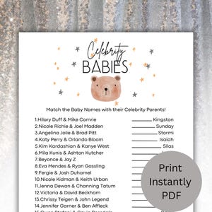 Printable Teddy Bear Baby Shower Celebrity Babies Game and Answer Key Unisex for Boy or Girl, Baby Shower Ideas, Baby Bear Printable PDF