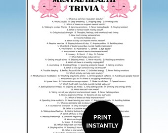 Mental Health Trivia Game For Kids & Adults, Printable Mental Health Awareness Quiz, Self Care, Therapy Activity