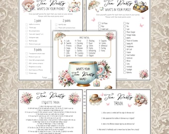 Tea Party Games Bundle Instant Download, Printable Tea Time Activity For Bridal Party, Baby Shower, Birthday Games