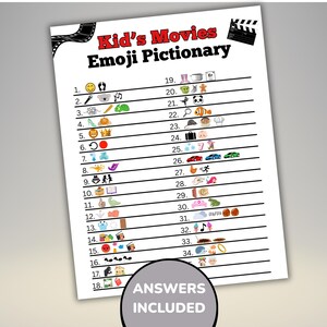 Peut inclure: Une feuille blanche imprim&eacute;e intitul&eacute;e "Kid's Movies Emoji Pictionary" avec une liste d'indices de films bas&eacute;s sur des emojis. La feuille comprend le texte "Answers Included" dans un cercle en bas. Un graphique de bobine de film est en haut &agrave; droite.