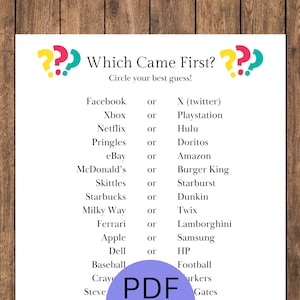 Wat was er eerst? Trivia-spel, afdrukbare trivia-spelquiz, kantoorspel, ijsbrekerspel, leeftijdsspel, gezelschapsspel, familietrivia-avond, pdf