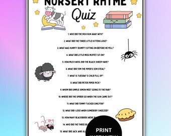 Nursery Rhyme Quiz Baby Shower Activity Instant Download, Printable Baby Books Trivia Icebreaker