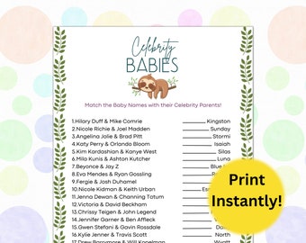 May include: A printable game with a sloth illustration. The game asks players to match celebrity couples with their baby's names. The names include Kingston, Sunday, Stormi, Isaiah, Silas, Luna, Blue Ivy, Rumi,  and more.