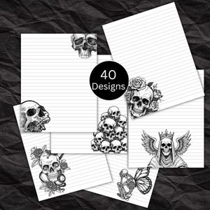 May include: A collection of lined paper sheets with various black and white skull designs. The designs include skulls with roses, wings, and a butterfly. The text "40 Designs" is in a black circle.