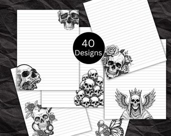 Skull Black & White Lined Writing Paper Instant Download, Printable Goth Skull Stationary, Junk Journal, Emo, Punk
