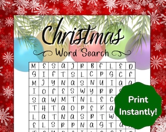 Puede incluir: Un rompecabezas de búsqueda de palabras de Navidad imprimible con un fondo rojo festivo y copos de nieve. El rompecabezas presenta una cuadrícula de letras con las palabras "Christmas Word Search" en la parte superior. Las palabras que se deben encontrar están ocultas dentro de la cuadrícula.