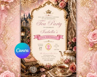 Editable Elegant Tea Party Invitation Template, Tea Time Invite For Birthday, Bridal, Baby Shower
