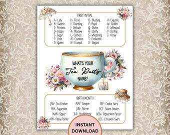Quel est votre prénom pour le goûter, activité imprimable à l'heure du thé, générateur de noms pour le goûter, goûter pour la mariée, jeu d'anniversaire pour le goûter, jeu de noms PDF