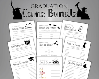 May include: A graduation game bundle with various printable games, including "College Race," "Finish the Phrase," and "What's On Your Phone?" The games feature black text on white paper, with graduation cap and silhouette graphics.