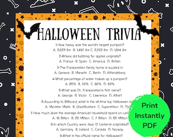 Halloween Trivia, Halloween Quiz, Halloween Game, Halloween Party Idea, Office Party Game, Printable Halloween Game, Games for Adults & kids