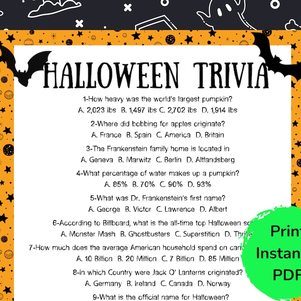 Halloween Trivia, Halloween Quiz, Halloween Game, Halloween Party Idea, Office Party Game, Printable Halloween Game, Games for Adults. kids