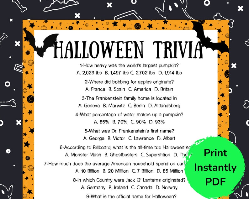 Op de afbeelding: Een Halloween trivia spel met vragen en antwoorden, met een zwarte en oranje rand met vleermuizen en sterren. De tekst bevat vragen over pompoenen, appelbobbing en Frankenstein. Een groene cirkel zegt "Print Instantly PDF".
