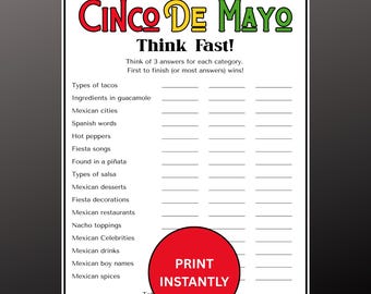 Cinco de Mayo Think Fast Party Game Instant Download, Printable Fiesta Game For Kids & Adults, Scattergories, Icebreaker Activity