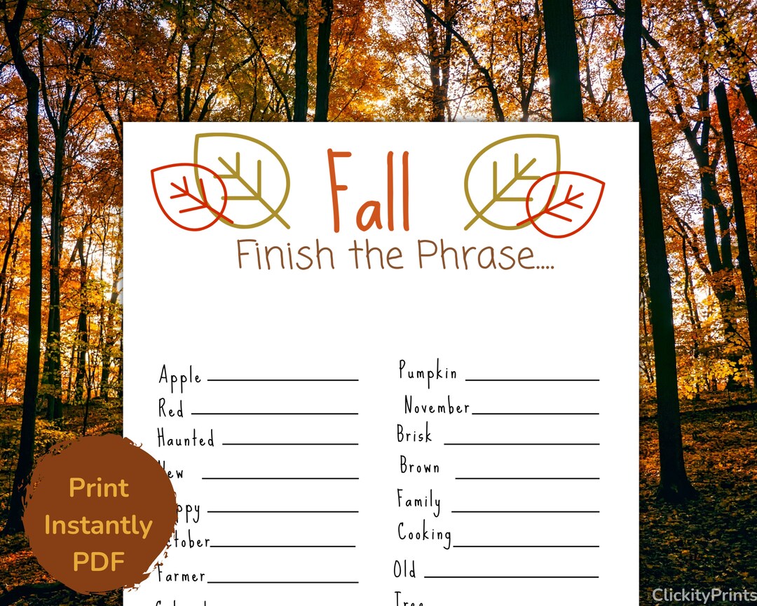 Fall Finish the Phrase Game Printable or Virtual Game for Etsy