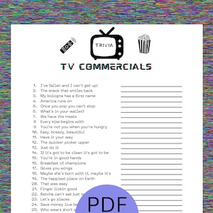Può includere: Una scheda di bingo per pubblicità televisiva stampabile in bianco e nero con un elenco di 25 slogan di pubblicità televisiva popolari. La scheda include un televisore, popcorn e un telecomando.