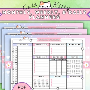 Niedliche Kitty Wochen-Monats-Tagesplaner, bunte niedliche spielerische druckbare Planer für Kinder, Organisationsseiten zum Thema Katzen, PDF-Druck