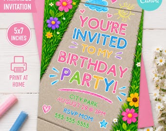 Editable Kids Sidewalk Chalk Invitation Template, Printable Birthday Invitation For Girls, Summer Party