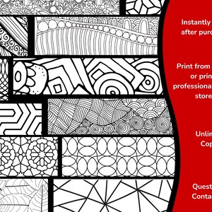 May include: A digital download of 10 printable coloring pages featuring intricate black and white patterns. The patterns include geometric shapes, swirls, and floral designs.  Instantly print after purchase. Print from home or print professionally at a store. Unlimited copies.